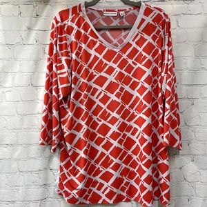 Susan Graver bright orange & white V neck stretchy 1x top